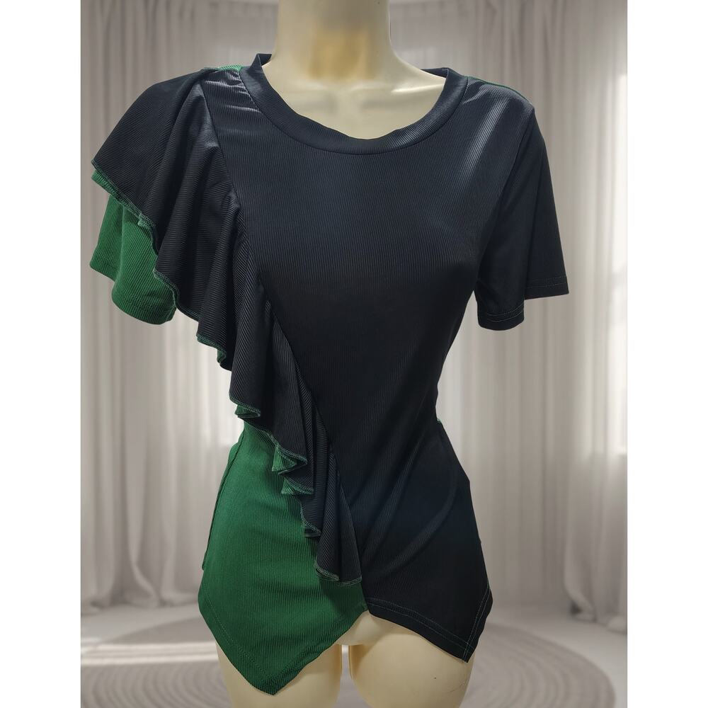 Black / Green Ruffle Blouse - Sz M - silky material, short sleeve top
